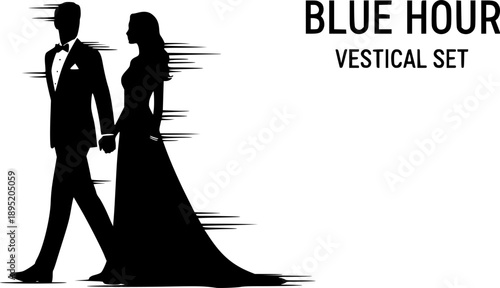 Cinematic Evening Couple in Formal Wear Silhouette Vector, Romantic Date Night and High Fashion Editorial Aesthetic for Wedding and Luxury Design