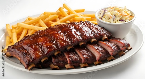 Delicious barbecue ribs served with french fries and a side of coleslaw