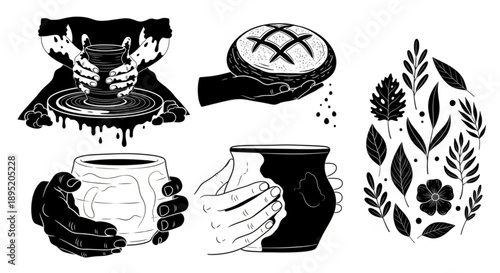 Artisanal Potter at Pottery Wheel Silhouette Vector, Organic Handcrafted Ceramic Art Concept and Traditional Craftsmanship Illustration