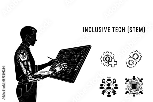 Inclusive Technology and STEM Professional with Prosthetic Arm Silhouette Vector, Diversity in Tech and Disability Empowerment Graphic Illustration