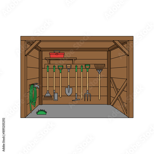 Organized wooden shed interior with hanging garden tools and hose concept of gardening and rural work