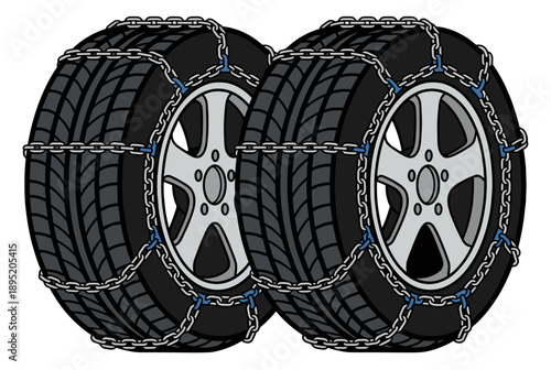 Car tires with snow chains isolated on white background concept of winter driving safety
