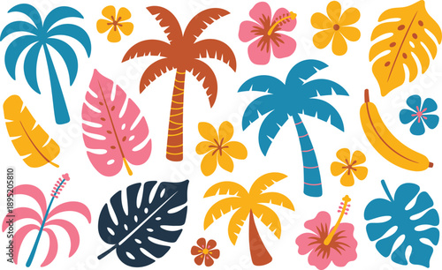 Charming assortment of stylized tropical palm trees, unique leaves, and blooming hibiscus on a plain white surface