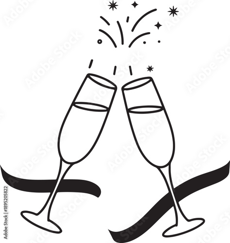 Two  glasses clinking with celebratory sparks and ribbon for party or toast.