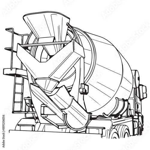 Vector Line Art Outline of Heavy Industrial Concrete Mixer Truck