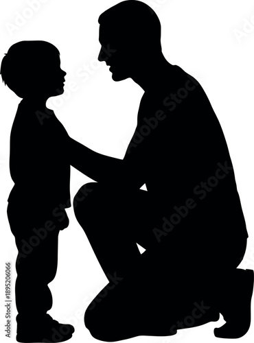 Silhouette of a Father or Mentor Kneeling and Talking to a Young Child; Adult Man and Toddler Boy Interaction, Paternity and Early Childhood Development.