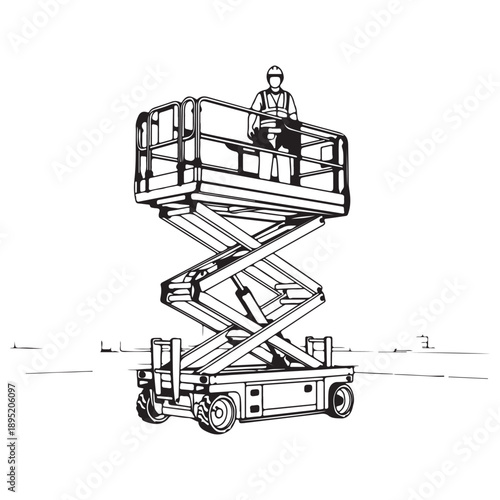 Detailed Line Art Vector of Worker Operating Industrial Scissor Lift