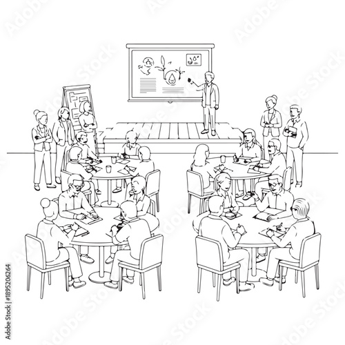 Minimalist Black Line Illustration of a Business Conference and Presentation