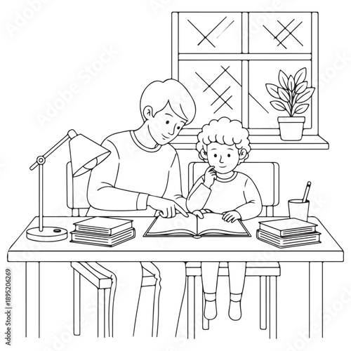 Black and White Line Art Illustration of Father Helping Child Study