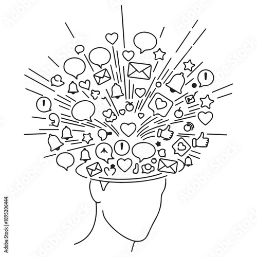 Outline Illustration of Brain Overflow with Social Media Icons and Speech Bubbles