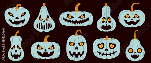 Set of blue Halloween pumpkins with glowing carved faces, spooky and funny jack-o’-lanterns for seasonal design, party and decoration. Flat vector collection. Hand drawn. Isolated background.