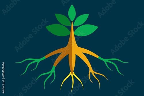 Stylized tree with roots and green leaves plant growth
