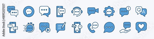 Set of chat icon. Contains Speech bubble, message, inbox, comment, dialogue, talk, sound recording, contact, favorite, write, fast response, settings, conversation for social media. Illustration