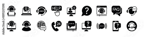 Online service and support icon vector set. Communication technology social media. Contains assistant, help, 24 hours call center, FAQ, question, help desk, live chat, technical assistance