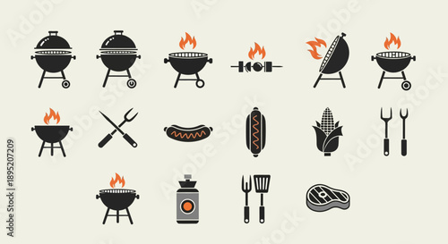 Barbecue Grill Cooking Utensils Icons Set.