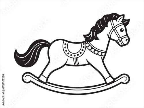 Illustration  of a rocking horse toy with a ribbon vector, Classic black rocking horse silhouette outline on a clean white background