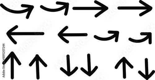 A diverse collection of hand-drawn black arrows indicating various directions and movements