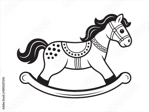 Illustration  of a rocking horse toy with a ribbon vector, Classic black rocking horse silhouette outline on a clean white background