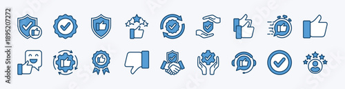 Set of reliability icon. Contains best practices, shield security, quality badge, trust brand, thumb up, five stars, satisfaction, checkmark, verified, authenticity, consistency. Vector illustration