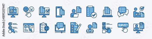 Set of online survey icon. Contains customer satisfaction, checkmark, evaluation, data analysis, review, result, approval, checklist, research, investigation, report, questionnaire, test - vector