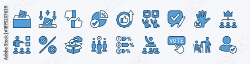 Set of vote icon. Contains democracy ballot box, election, choice, decision, counting, percentage, pie chart, candidate, poll, victory, select, audience, entry, right wrong, agree and disagree
