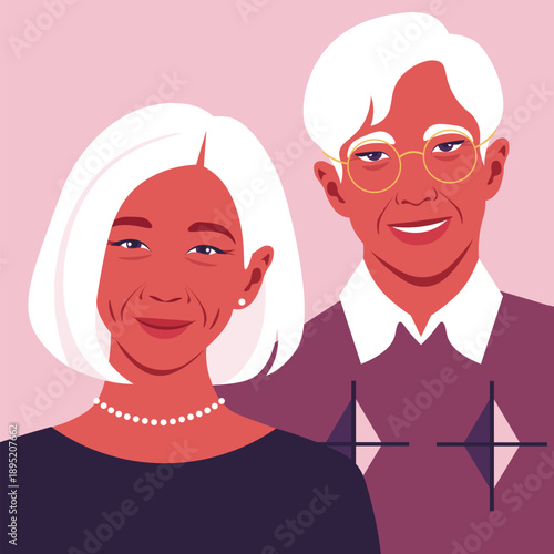 Asian elderly couple. Grandfather and grandmother are smiling. Portrait of happy old people. Vector flat illustration
