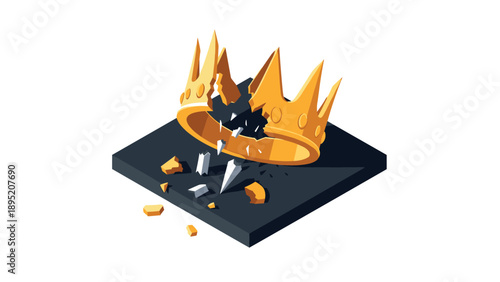 Shattered crown and sword on black platform in isometric style