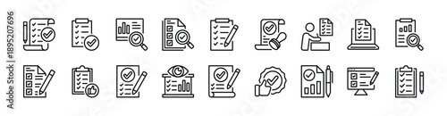 Quality control icon set. Contains evaluation, inspection, validation, checkmark, data analysis, review, list, checklist, testing, specification, consistency, approval, monitoring, report. Vector