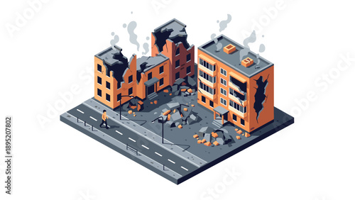 Urban earthquake aftermath in isometric style with damaged buildings and street