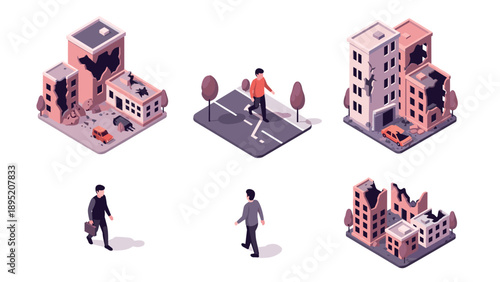 Isometric urban decay scenes with walking figures and ruined buildings