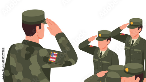 Military personnel in uniform saluting in isometric style