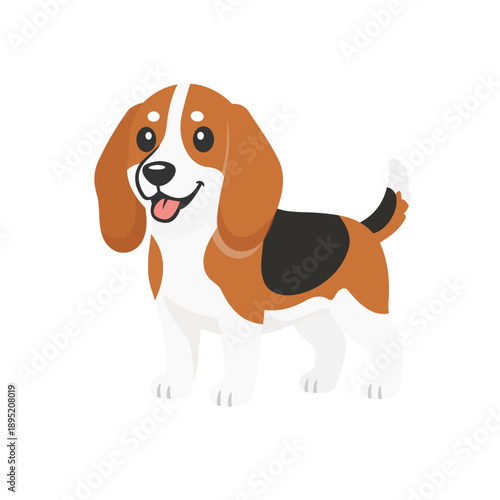 Vector illustration of a Finnish Hound dog in a clean cartoon style, isolated on a white background. Features the breed’s distinctive tricolor coat and long ears. Suitable for pet branding, educationa