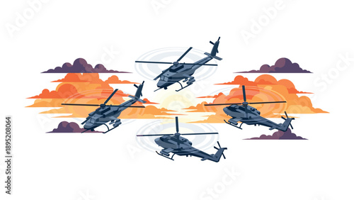 Dynamic helicopter formation in vibrant sunset sky