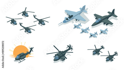 Isometric military aircraft: helicopters and fighter jets in various formations