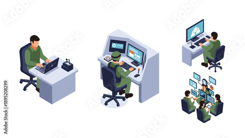 Isometric military personnel working with computers and monitors in office setting