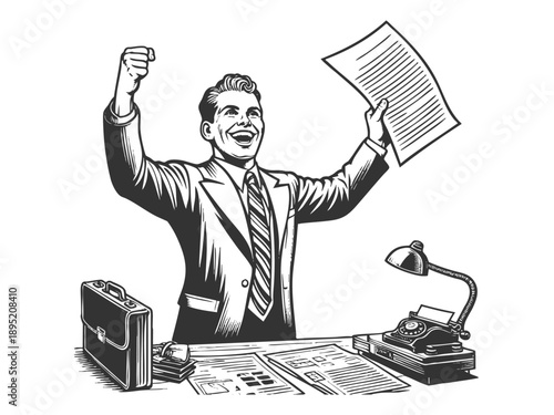 happy businessman raising a document in triumph at his desk, symbolizing success and achievement sketch engraving generative ai fictional character vector illustration. Scratch board. Black and white.