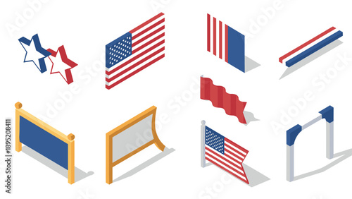 Isometric american flag and patriotic elements in 3d design