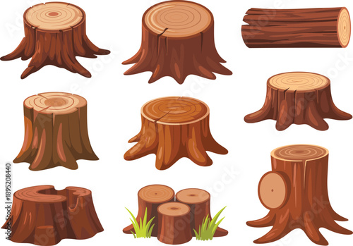 Cartoon tree stumps and log icons, forest wood textures, root shapes, growth rings, nature elements, educational design set