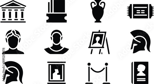Collection of black silhouette icons depicting historical sites museum artifacts and ancient culture
