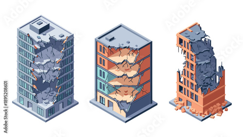 Isometric buildings with structural damage in urban setting