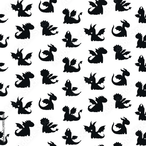 Seamless pattern with baby dragon silhouettes. Black and white minimal fantasy background for kids