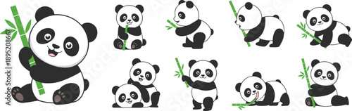 Cute cartoon pandas with bamboo, playful poses, expressive faces, green leaves, animal character set, white background, kids theme