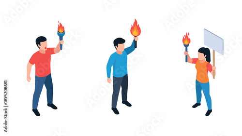 Isometric protesters holding torches and blank sign in demonstration scene