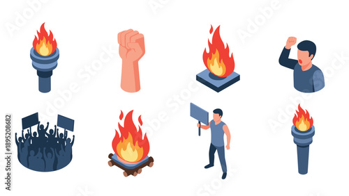 Protest icons: torches, fists, flames, and demonstrators in isometric style
