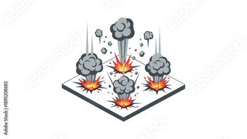 Explosive isometric cloud bursts with fire and smoke effects