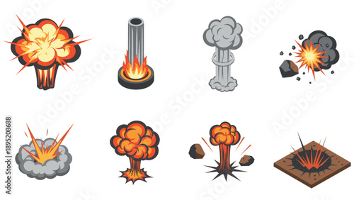 Dynamic explosions set with various styles and effects in cartoon style