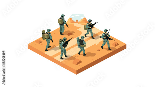 Isometric military patrol in desert landscape with armed soldiers
