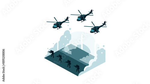 Isometric military helicopters and soldiers in tactical operation