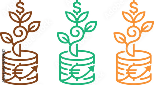 Colorful plant growing out of coins with dollar and euro symbols growth