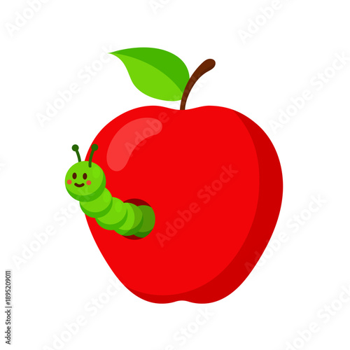 Cartoon illustration of a red apple with a green caterpillar crawling out of a hole. Flat vector drawing isolated on white background. Fun concept for kids design, education, nature, and food themes